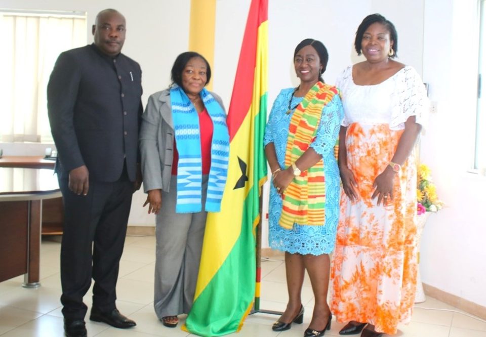 The WYPSI Team led by the Director, Patience Agyaye-Kwabi (2nd right) with Ambassador Churcher and her Deputy, Mr Bonaventure Adjavor during the visit to the mission