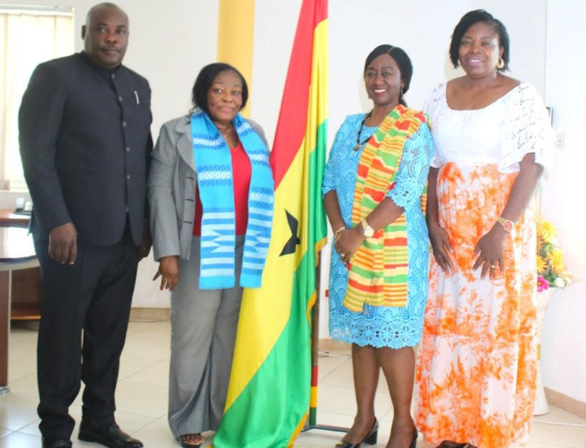 The WYPSI Team led by the Director, Patience Agyare-Kwabi (2nd right) with Ambassador Churcher and her Deputy, Mr Bonaventure Adjavor during the visit to the mission.